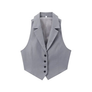 Women's tailored grey cropped suit vest with four-button closure on a white background