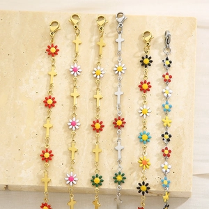 Golden and silver titanium steel bracelets with colorful enamel daisies and cross pendants