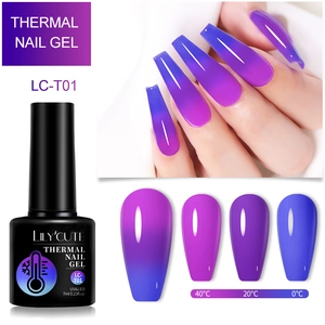 Thermal glitter nail polish showing color change from purple to blue under different temperatures