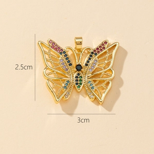 Detailed view of gold butterfly pendant with colorful zircons and size dimensions