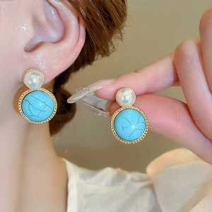 Vintage small round faux pearl and blue turquoise stud earrings in gold-tone alloy setting