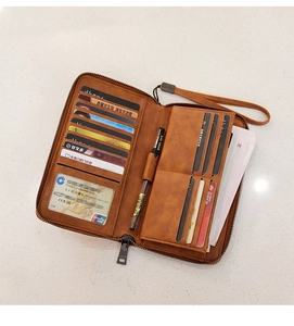 Internal view of long brown leather wallet with RFID card slots and cash compartments