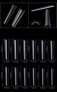Size chart for 12 extra long flat head French transparent false nail tips with dimensions