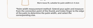 Size guide for rubber kitchen gloves showing palm width measurement from 8.5 to 9.5cm