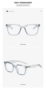 Macro detail of transparent grey square eyewear frame with silver star metal accents