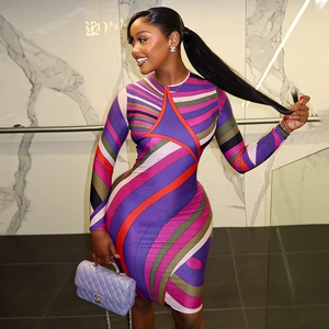 Detail of colorful geometric swirl print on long-sleeve bodycon dress for women