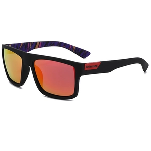 Polarized matte black square sunglasses with vibrant red-orange mirrored lenses for men