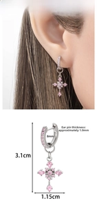 Silver cross earrings with pink cubic zirconia and detailed size measurements display