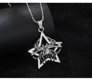 Detailed close-up of a silver stainless steel spider and hexagram pendant on black leather
