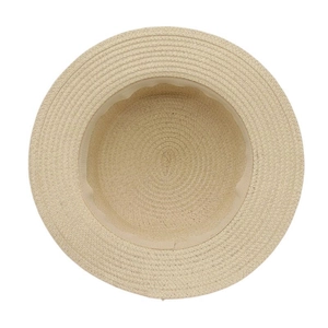 Detail of beige woven straw hat showing spiral weaving pattern and inner sweatband