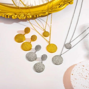 Ins style layered necklace and earrings set with wrinkled round texture in gold and silver