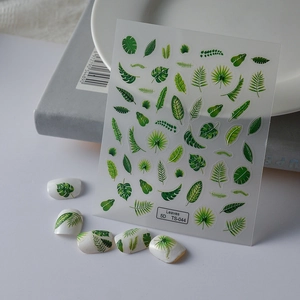 5D embossed tropical green leaf nail stickers featuring monstera and palm patterns