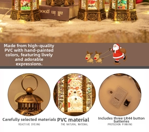 Detail view of vintage copper Christmas lantern with snow globe and battery base