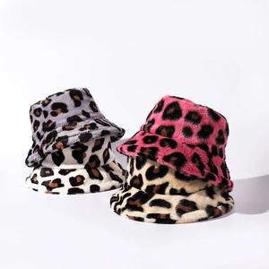 Leopard Print Faux Fur Bucket Hat For Women Autumn Winter Warm Plush Basin Hat Fashion Leopard Pattern Windproof Fisherman Hat