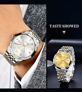 Macro detail of luxury men's quartz watch with date display and roman numerals