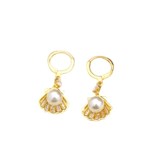 Elegant gold shell drop earrings with white pearls and sparkling diamond accents
