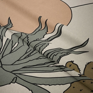 Close-up of matte fabric texture showing botanical desert plant patterns and soft folds