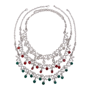 Three-piece retro bow water drop necklace set with green and red crystals in silver finish