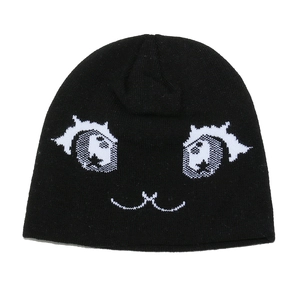 Bonnet noir tricoté style Y2K avec motif de grands yeux pour chaleur hivernale