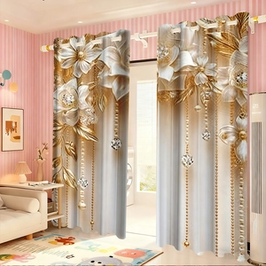 Detailed close-up of 3D embossed floral curtains with gold patterns and metal ring eyelets