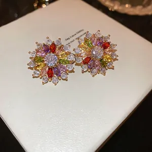 Gold plated colorful zircon flower stud earrings with vibrant multi-color gemstones