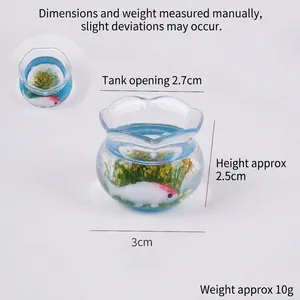 Miniature fish tank ornament with tiny koi and aquatic plants, 2.5cm height detail view