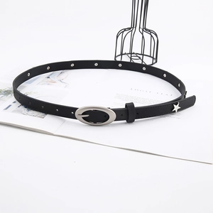 Slim black leather belt with silver star charm and metallic studs on white background