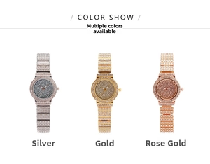 Detailed view of women's quartz watches in silver, gold, and rose gold with pavé crystals