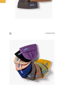 Close-up of ribbed knit texture and ORDERLINESS logo patch on colorful winter beanies