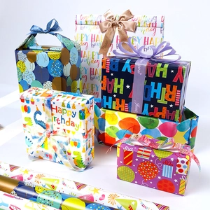 Papier cadeau d'anniversaire coloré avec motifs ballons et dinosaures pour enfants