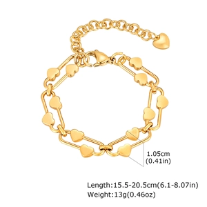 Detailed view of gold paperclip chain bracelet with heart charms and sizing annotations