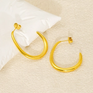 Polished 18k gold plated stainless steel C-shaped chunky earrings for women