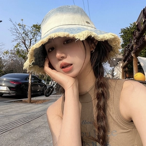 Japanese style gradient blue denim bucket hat with frayed edges for sun protection