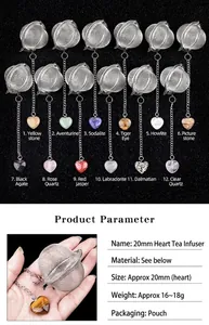 Détail de l'infuseur à thé en forme de cœur 20mm en inox avec divers pendentifs en pierre