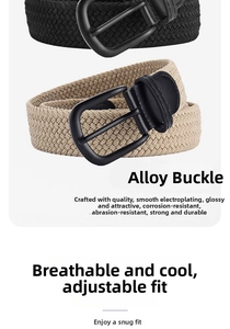 Detail of high-stretch woven canvas belts with durable matte black alloy buckles