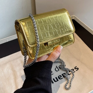 Golden crocodile pattern mini square bag with silver chain strap and metallic finish