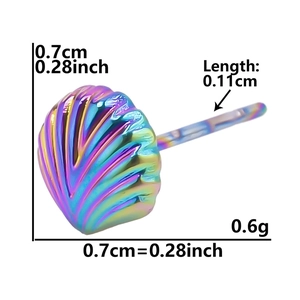 Detailed macro view of seashell earring showing iridescent rainbow plating and precise dimensions
