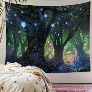 Mystical fantasy forest tapestry with glowing ancient tree for bedroom wall decor