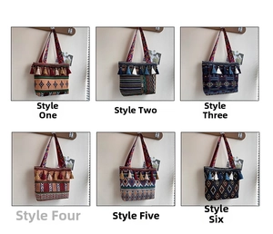 Detailed grid view of six bohemian woven tote bags featuring colorful ethnic patterns and tassels