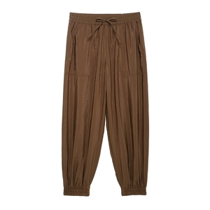 Women Jogger Pants Shiny Polyester Elastic Drawstring Waist Side Pockets Loose Safari Style Streetwear Trousers