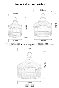 Detailed size specifications for small, medium, and large glass storage jars