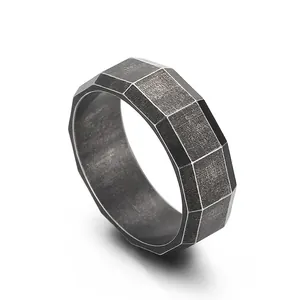 Men Geometric Faceted Titanium Steel Ring Brushed Matte Industrial Punk Gothic Vintage Wide Band Jewelry Accessory