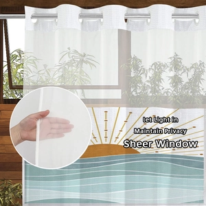 Detail showing sheer waffle fabric window curtain with sun waves print and privacy texture