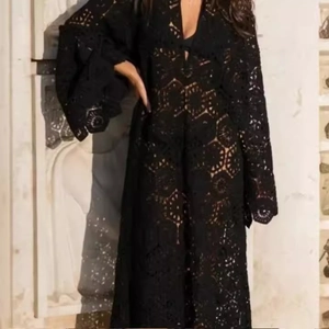 Elegant black lace embroidery long sleeve dress with floral hollow out design