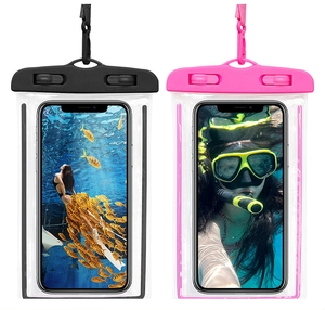 Waterproof phone pouches in black and pink with transparent screens and lanyards