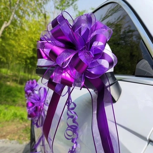 Macro detail of deep purple satin and mesh pull bow on white car mirror for wedding decor