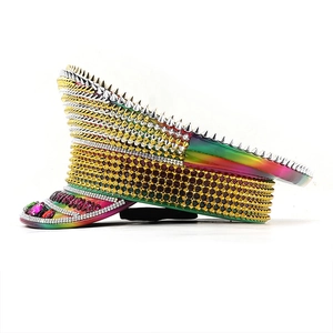 Rainbow punk military hat with gold spikes and colorful rhinestones for party wear