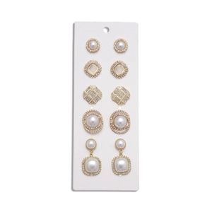 Set of 5 gold-toned earrings with imitation pearls and rhinestones on white card