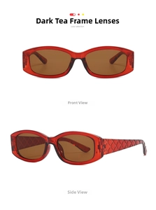 Detail view of red transparent oval sunglasses with quilted pattern on the temples