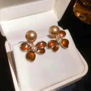 Retro flower earrings with 18k gold plating, champagne pearls and zircon inlay